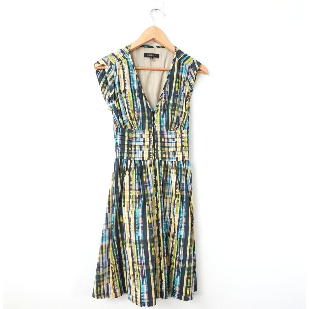 Lafayette 148 Dress XS Mini V Neck Pleated Abstract Plunge Green Boho Stretch 0